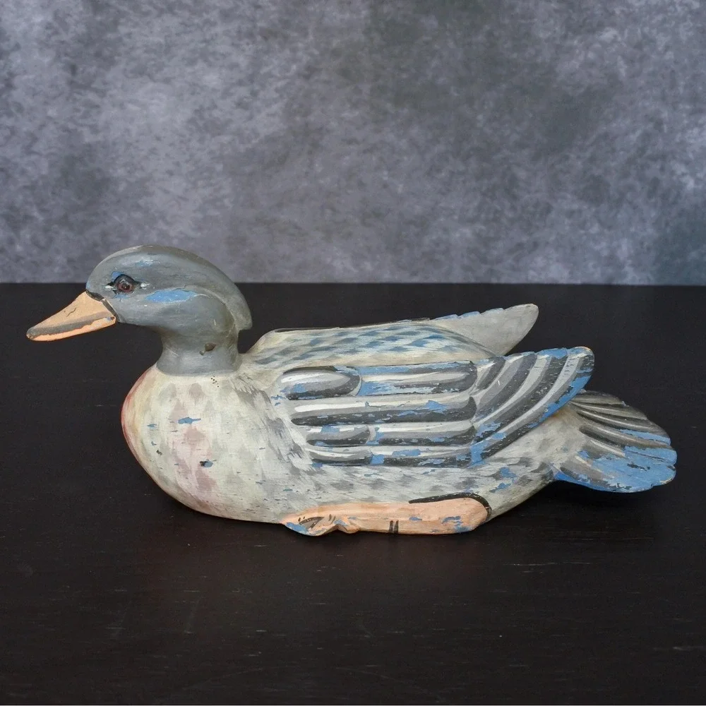 Vintage Hand Painted Wooden Carved Duck Decoy Rustic Farmhouse Style Ornament